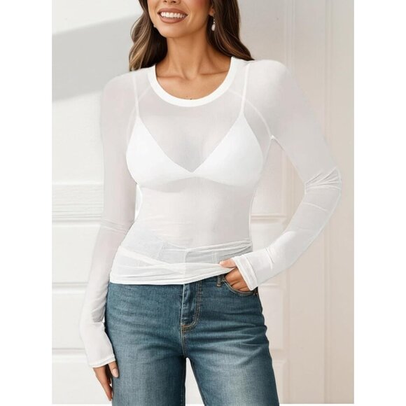 🆕Women's White Floral Mesh Top Crew Neck Long Sleeve Sheer Polyester Sexy Tee - Picture 2 of 5